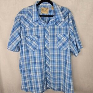 Wrangler Western Shirt Mens Big 3XL Blue White Plaid Pearl Snap‎ Short Sleeve